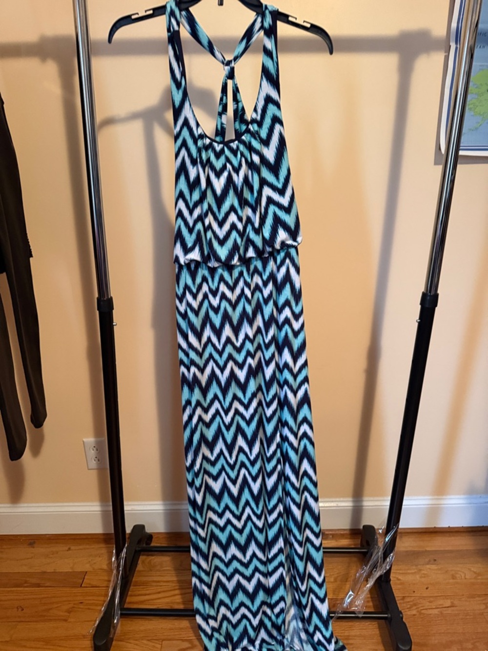 Three Hearts Blue White Black Chevron Maxi Dress